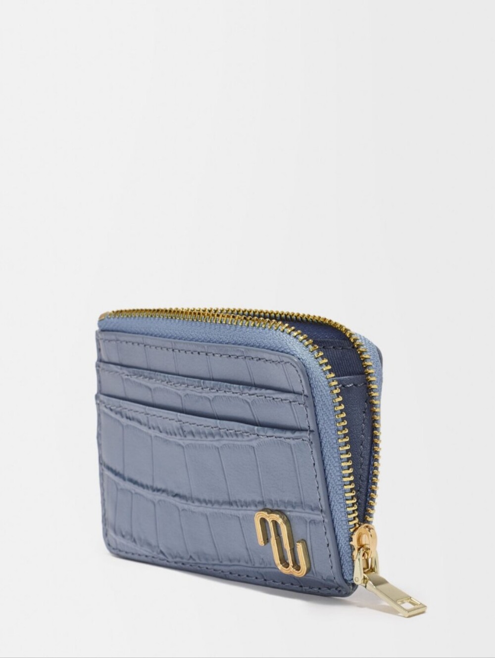 Maje Slate Blue Croc-Embossed Zip Card Euro Summer Festival Wallet Gold Hardware